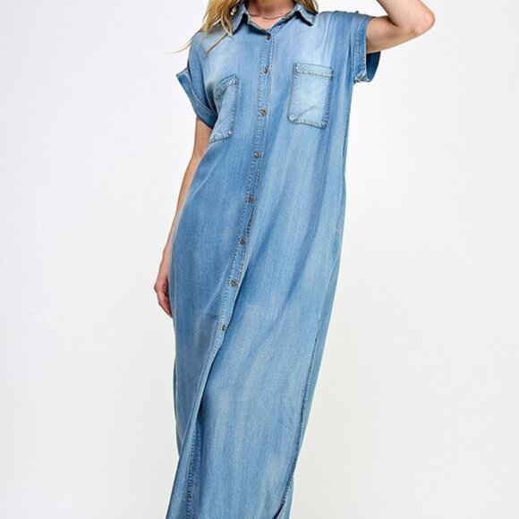 Denim Maxi Dress with Side Pockets - Picture 1 of 5